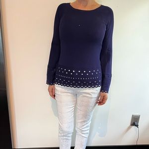 Ramy Brooke women’s navy eyelet bell long sleeve sweater size XS